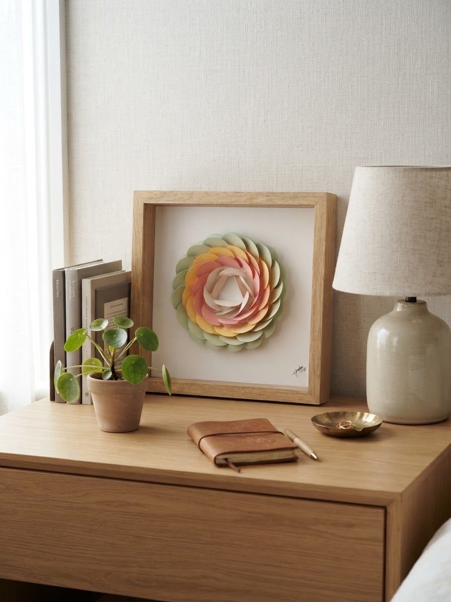 Framed paper bloom and striped lamp styled together on a console