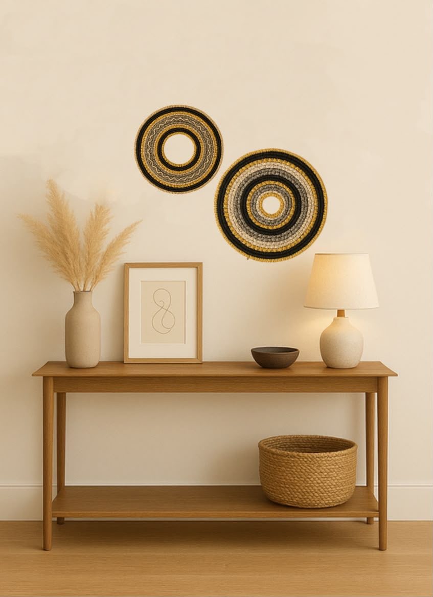 Pair of woven circles styled above an entryway console