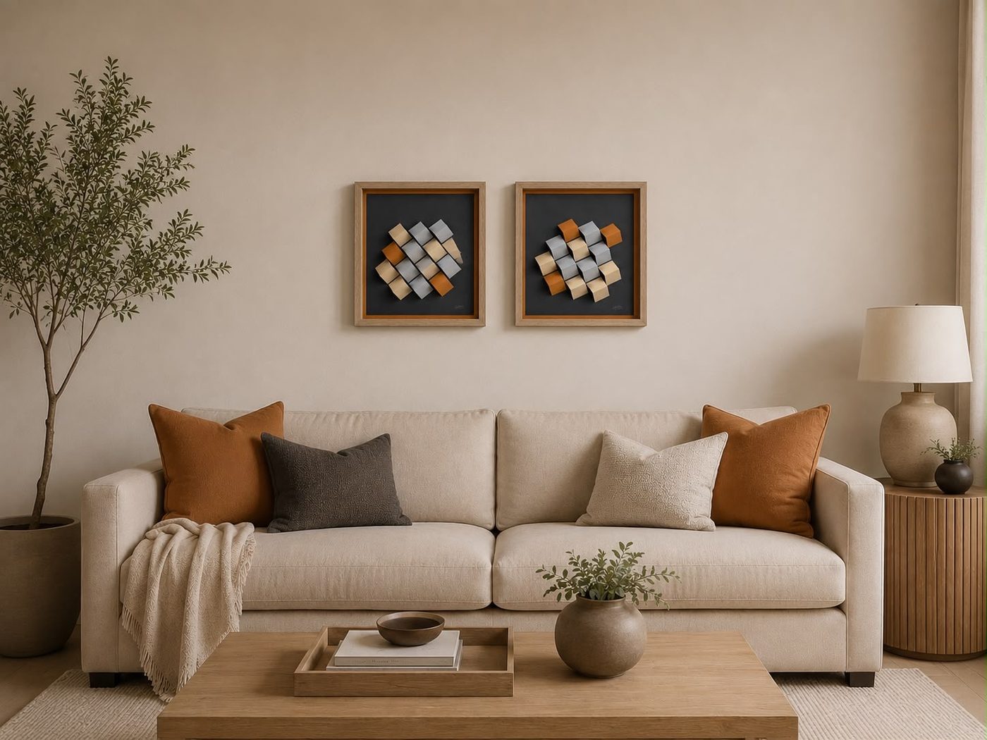 Pair of framed geometric cube wall pieces hung above a sofa